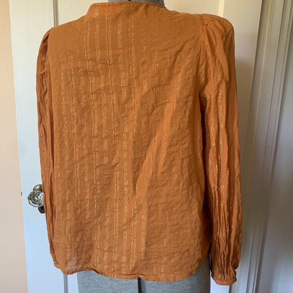 Burnt Orange Sz M Blouse Gold Lurex Lace Tie Front Boho Puff Sleeve Fall Autumn - Picture 4 of 6